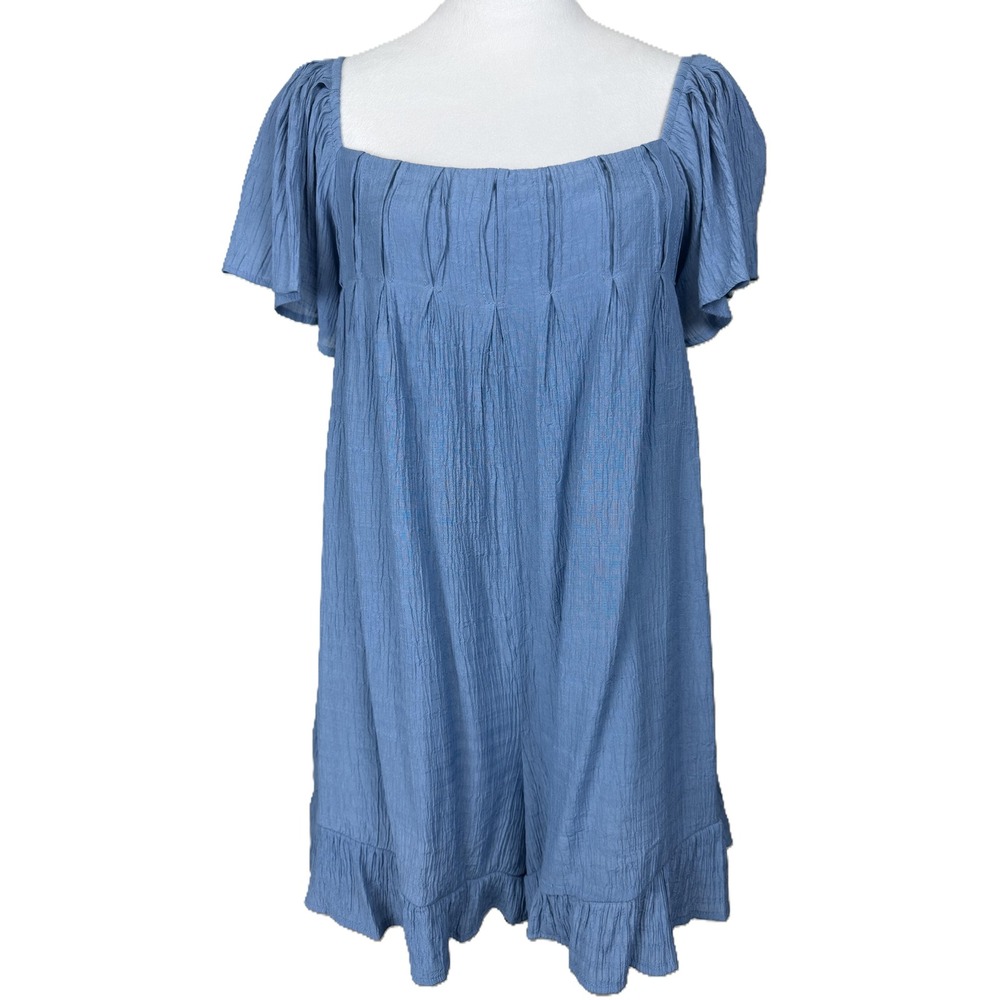 L Love Romper Blue Textured Ruffle Hem Square Neck Short Flutter Sleeve L Lined